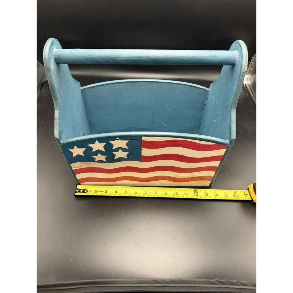 Americana Patriotic Wooden Storage Caddy Basket Tote Hand Painted Flag Decor